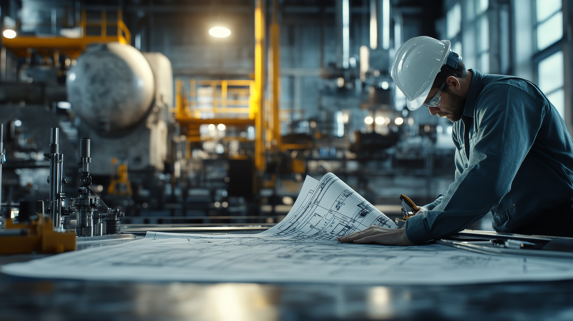 Ingénieur qui travaille sur des plans dans une usine